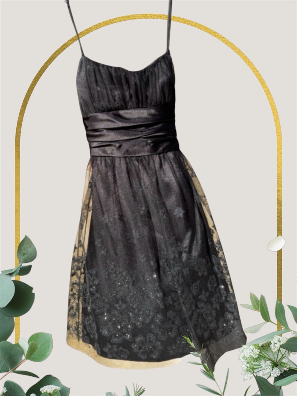 Stunning Black Cocktail Dress - Elegant Tule Glitter Floral Women’s Midi Size 9